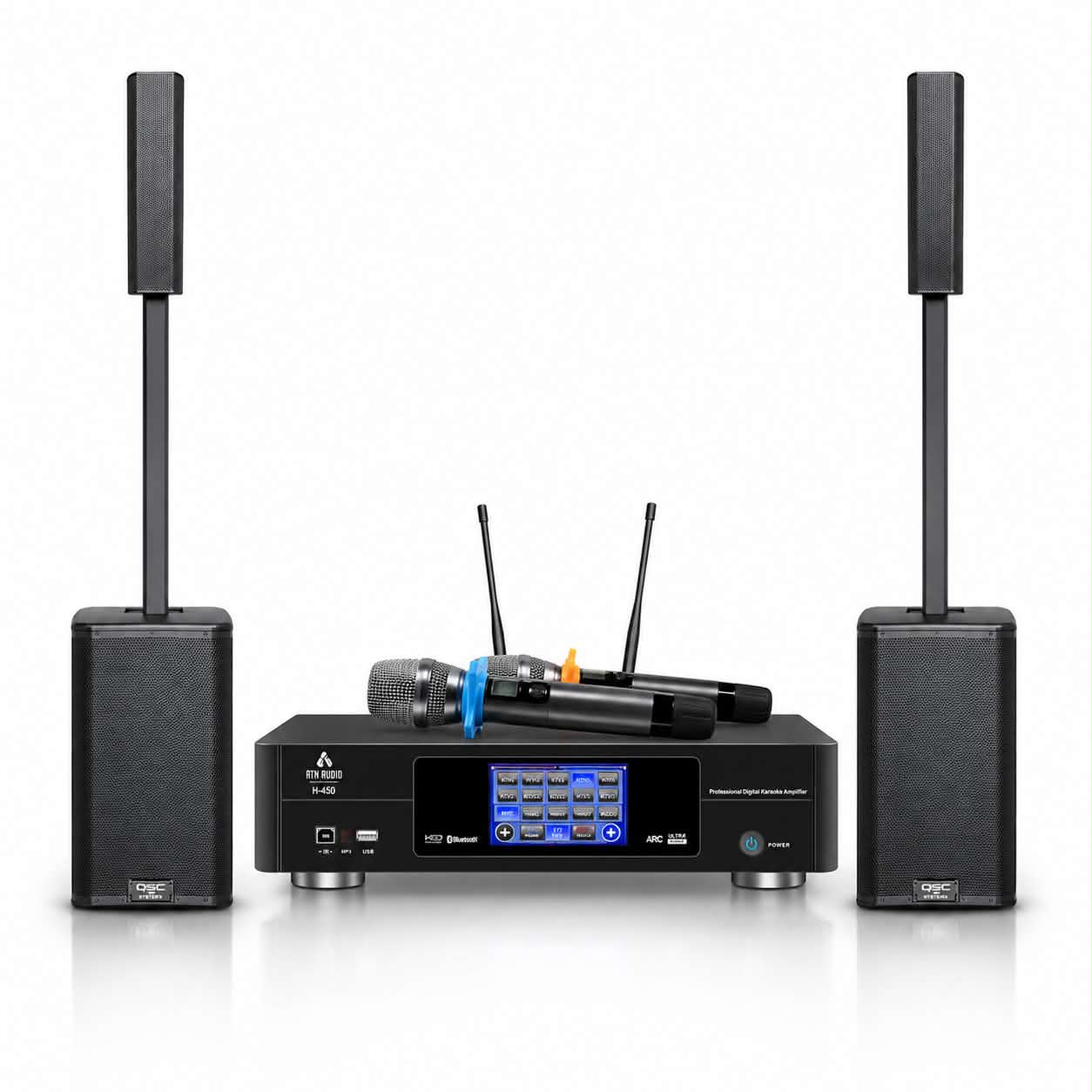 ATN H-450 digital karaoke amplifier with two QSC KC12 column PA speakers